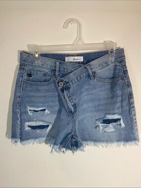 KanCan Medium Wash Distressed Asymmetrical Crossover Button Fly Denim Shorts
